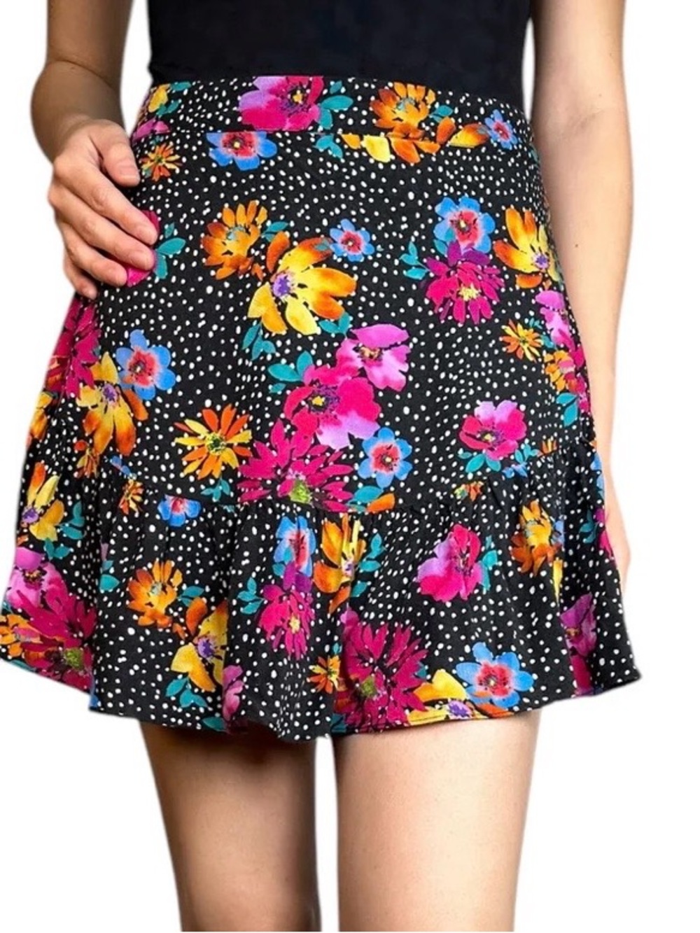 MAJORELLE Black Floral Ruffle Skater Skirt with Pink Yellow Blue Flowers